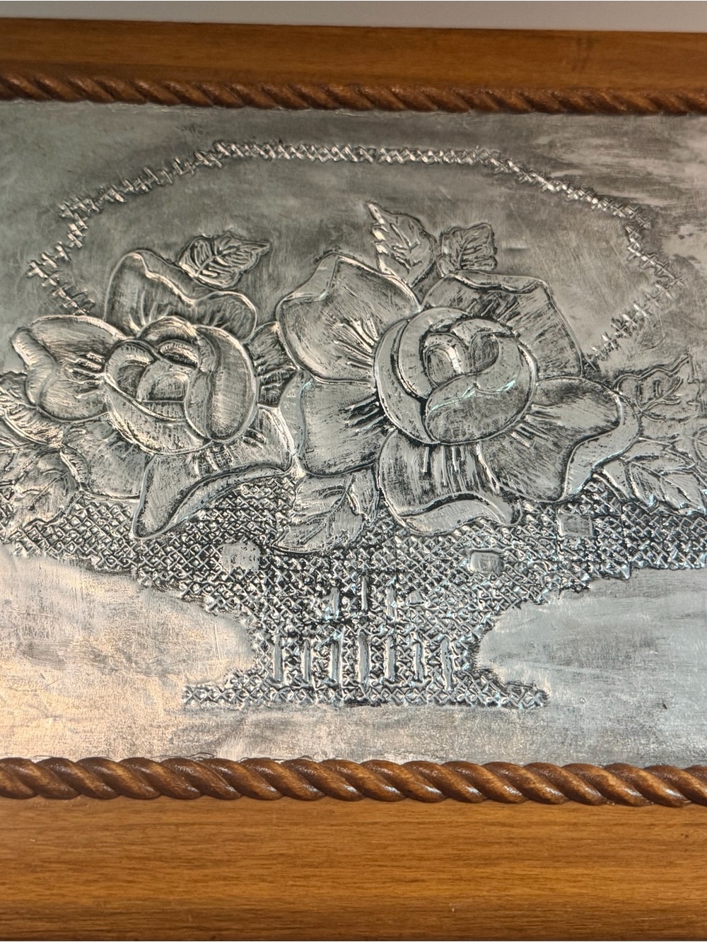 Embossed Floral Metal  Art Trinket Box with Wood Frame